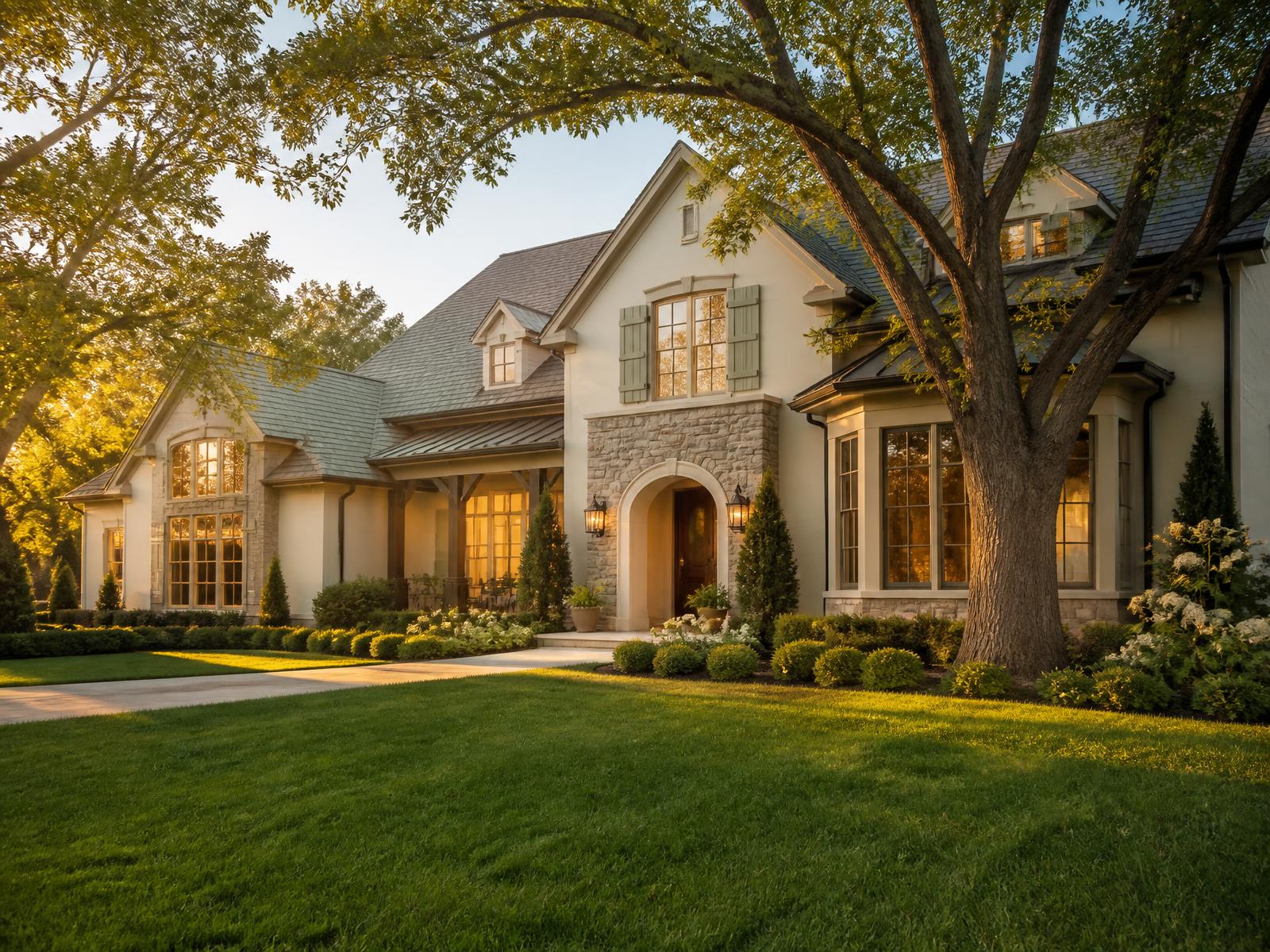 Sunlit exterior of a well-maintained family home with mature trees on a quiet residential street